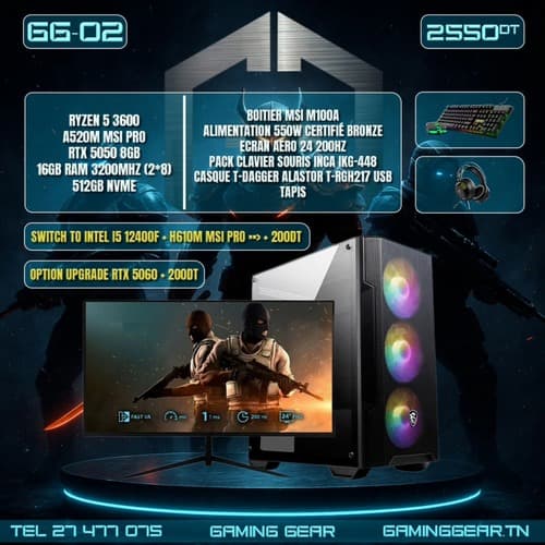 Full Setup | Ryzen 5 3600 | RTX 5050 8GB | 16GB RAM 3200MHz | 512GB NVMe | Écran AERO 24 200Hz | Pack Accessoires